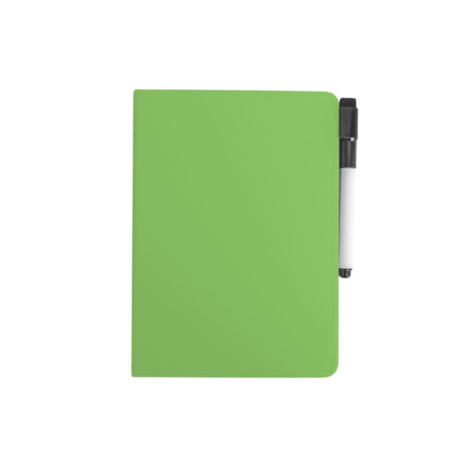 A5 whiteboard notebook in vibrant green with a black and white pen attached. It features a smooth, sleek cover and has a logo.