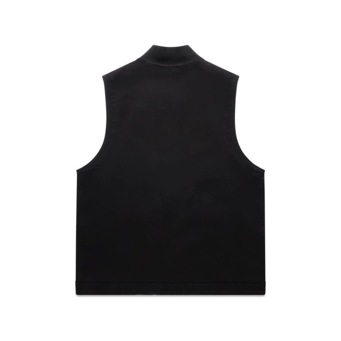 A black heavy vest made from canvas material featuring a high collar and no sleeves. It has a logo on the back.