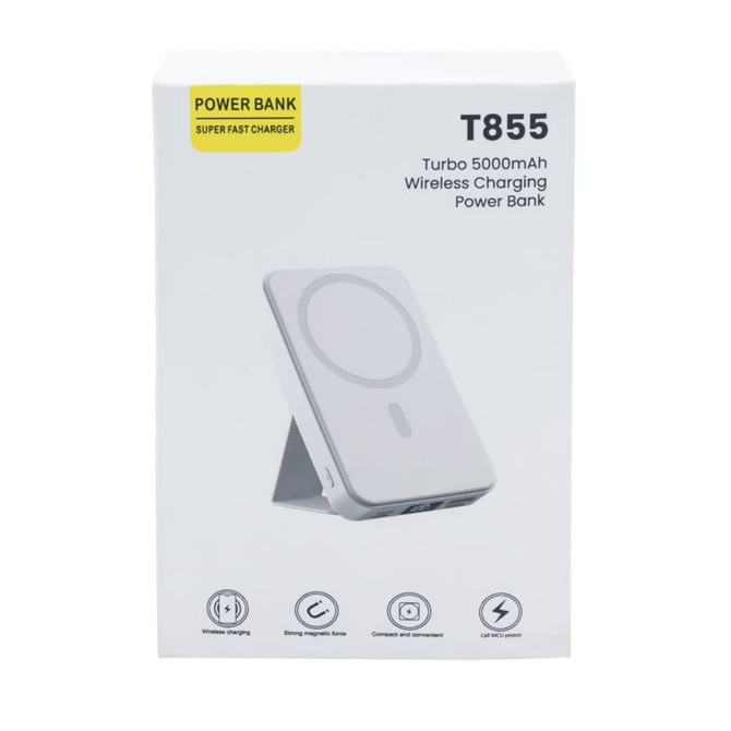 A white power bank featuring wireless charging capability and a strong magnetic foldable stand. It includes a logo.