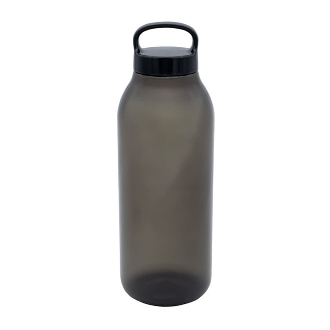 A drink bottle in a dark grey hue with a black lid and handle, featuring a logo.
