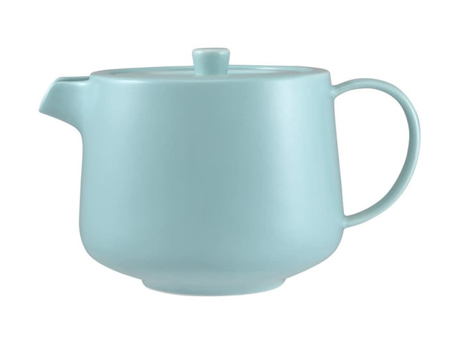 A teal teapot with a lid and handle, featuring a simple design. It comes with an infuser and is gift boxed.