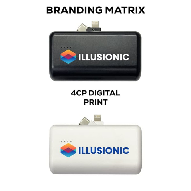 A black and a white power bank with branding, featuring a compact design and USB connections.