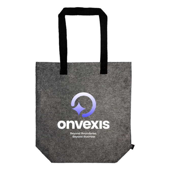 A grey tote bag with black handles and a logo displayed prominently on one side.
