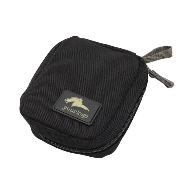 A black eco accessory pouch with a zip closure and a grey carry handle, featuring a logo.