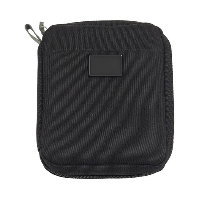 A black eco accessory pouch with a zipper and a small logo on the front. Suitable for toiletries and accessories.