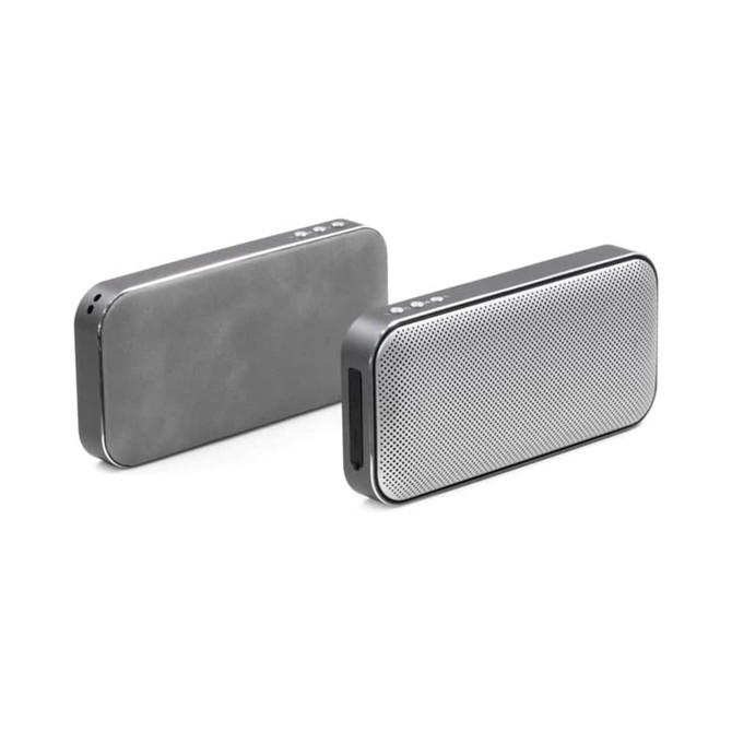 A Bluetooth speaker power bank in grey and silver with a sleek design and control buttons on top.