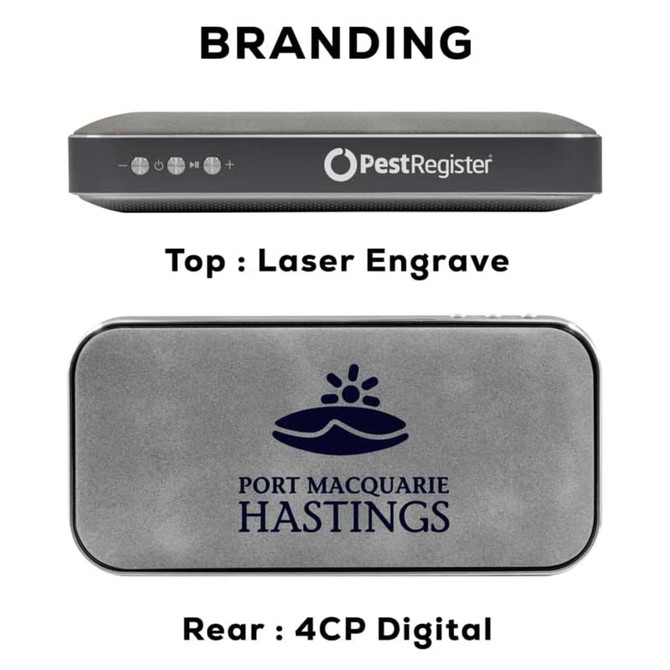 A Bluetooth speaker power bank in grey with branding on the top and rear surfaces.