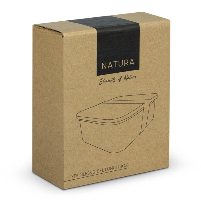 A stainless steel lunch box in a brown packaging featuring a minimalist design and a logo.