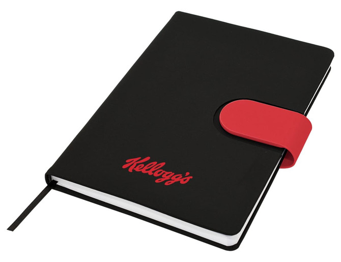 A black A5 notebook with a red elastic strap and a logo. The notebook features a ribbon bookmark and lined pages.