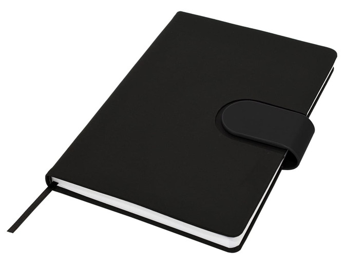 A black Cordoba A5 notebook with a secure closure and a ribbon bookmark. It has a smooth, professional finish.