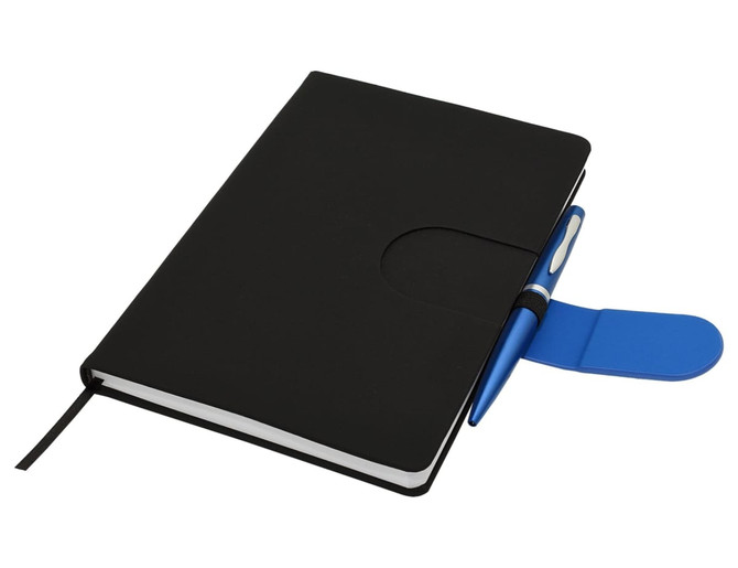 A black notebook with a pen and a blue closure. It features a logo on the cover and a ribbon bookmark.