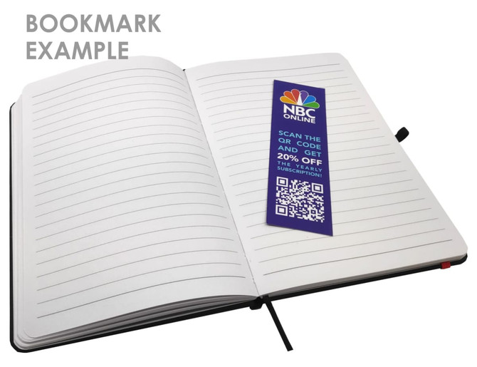 A notepad with blank lined pages and a bookmark inserted, featuring a design with various colours and a logo.