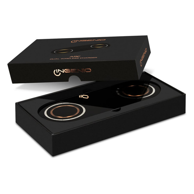 A black packaging box featuring a dual wireless charger with gold accents and a logo.