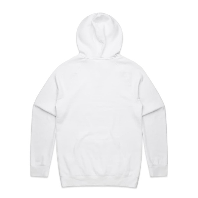 A white hoodie with a front pocket and a large hood, featuring a logo on the back.
