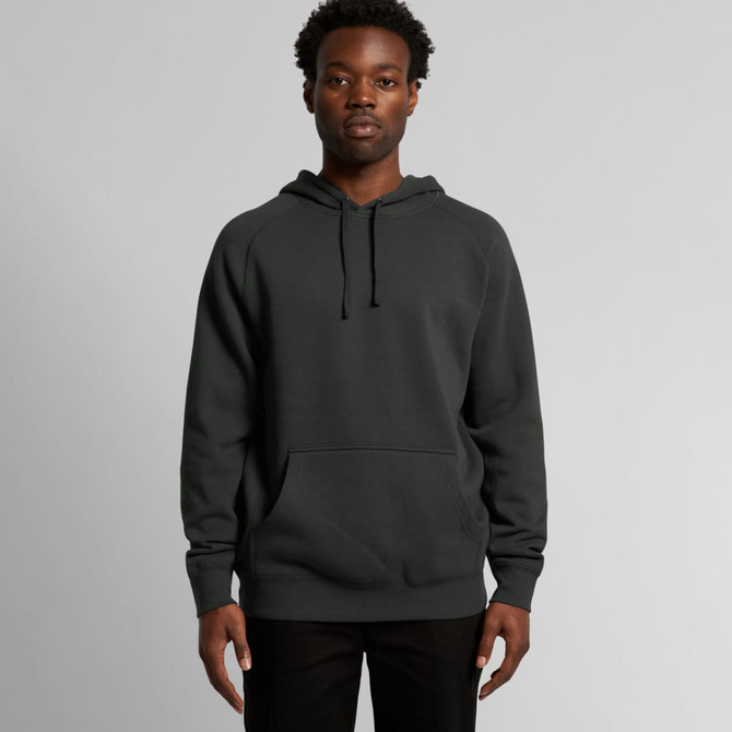 A dark grey hoodie with a front pocket and drawstring hood, featuring a logo on the front.