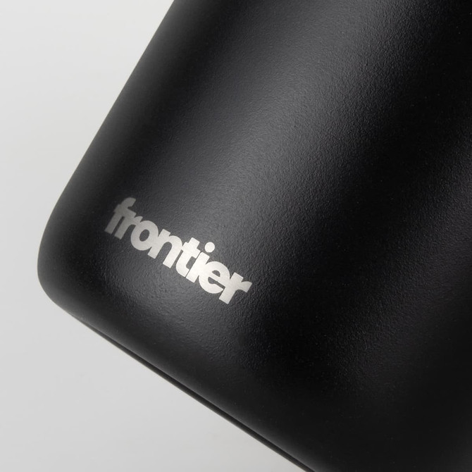 A drink bottle featuring a sleek black design with a branding logo. Ideal for keeping beverages hot or cold.