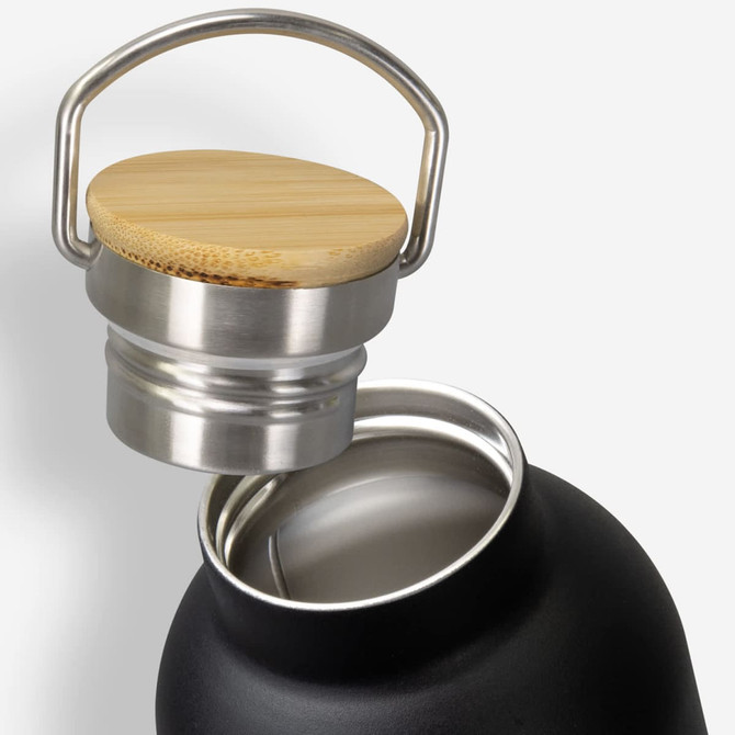 A drink bottle with a matte black finish, featuring a bamboo lid and a stainless steel opening. Logo visible.