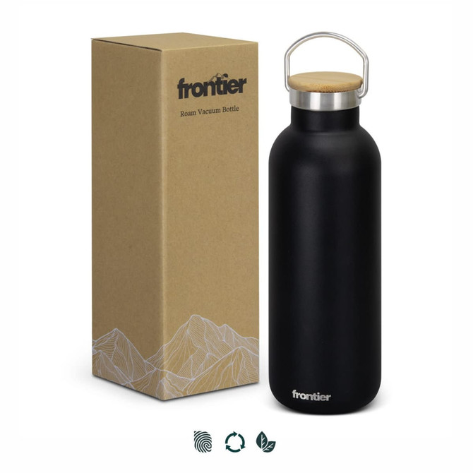 A drink bottle in matte black with a stainless steel lid, accompanied by a cardboard box featuring a logo.