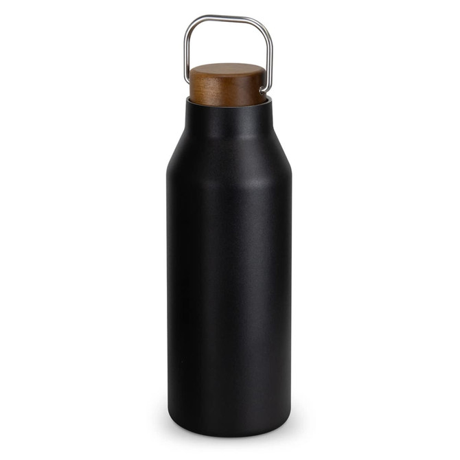 A drink bottle in matte black with a wooden lid and a metal handle. It features a logo on the body.