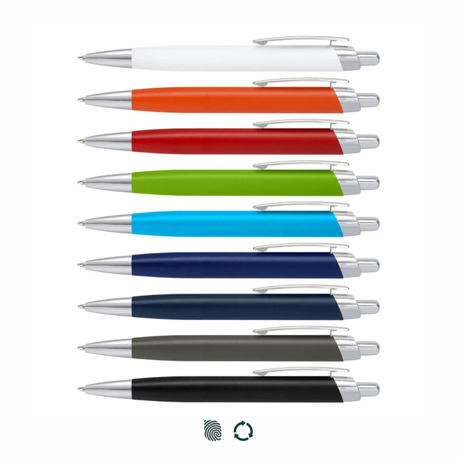 A collection of metal pens in white, orange, green, blue, red, navy, dark grey, and black, featuring silver accents and branding.