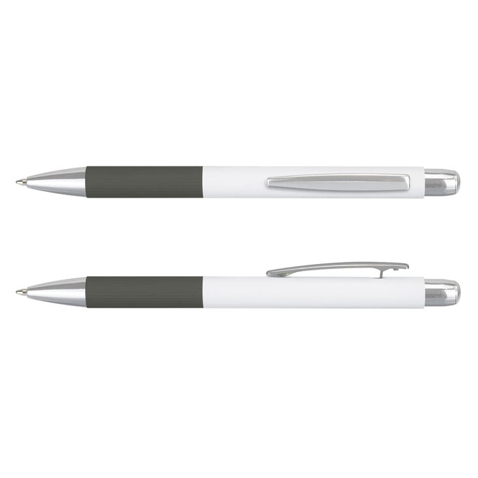 A metal pen with a white and grey design, featuring a clip and a smooth finish. It has a logo on the body.