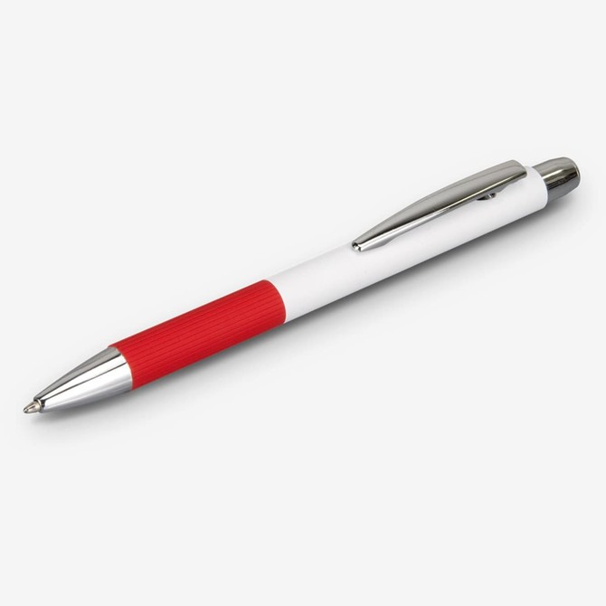 A metal pen featuring a red and white design with a shiny silver clip. It has a textured grip section.