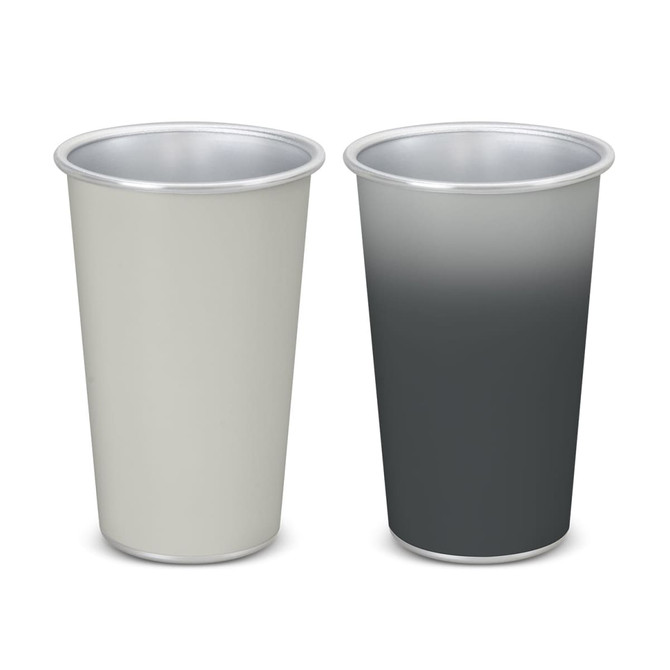 A drink cup set featuring a colour-changing design with a light grey and dark grey gradient. Each cup has a silver rim and logo.