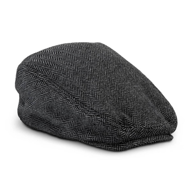 A grey herringbone-patterned flat cap with a rounded shape, featuring a subtle branding logo.