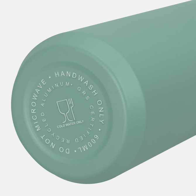A drink bottle in a soft green colour with a smooth, rounded base featuring a logo and recycling information.