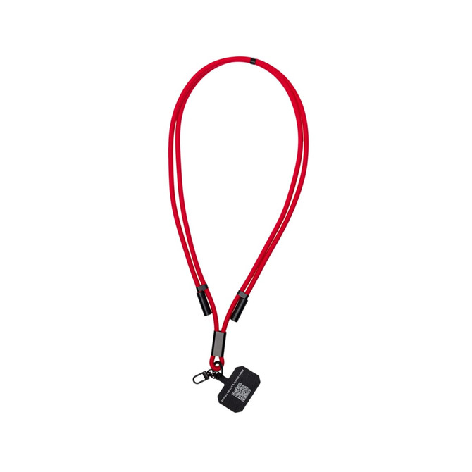 A red phone lanyard designed for convenience, featuring a durable neck strap and a clip for attaching a smartphone.