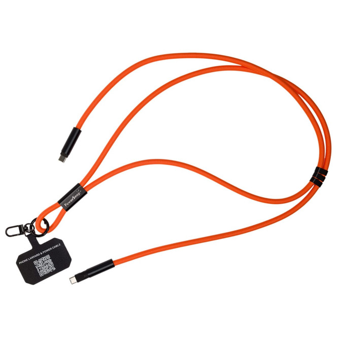 A bright orange phone lanyard with two ends designed for charging cables, featuring a clip and a tag.