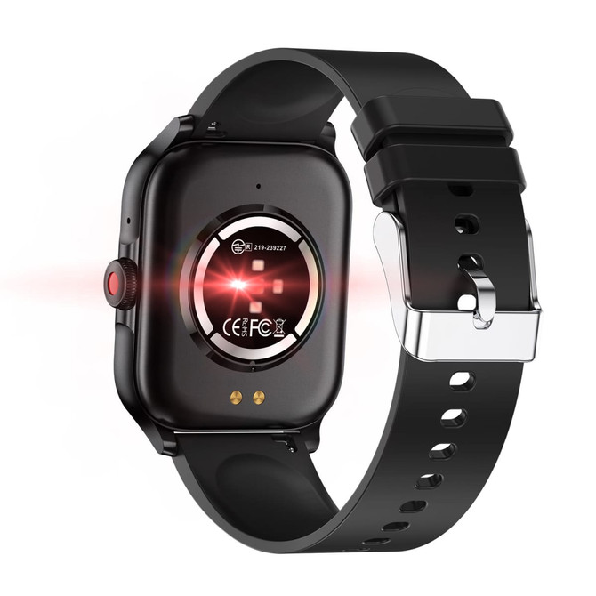 A black smart watch with a round face and a black strap, featuring a visible sensor on the back.