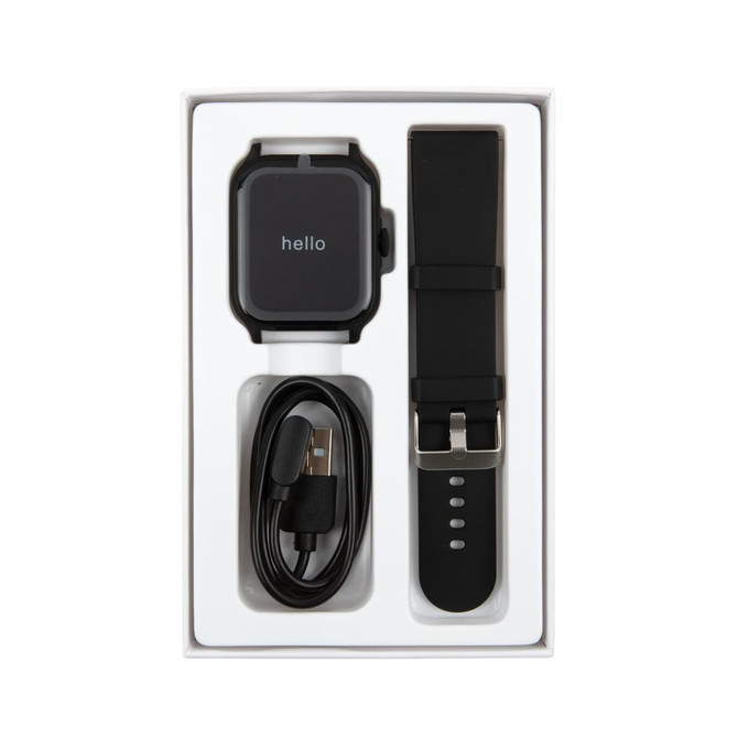 A black smart watch with a rectangular face, accompanied by a black strap and a charging cable, in a white box.