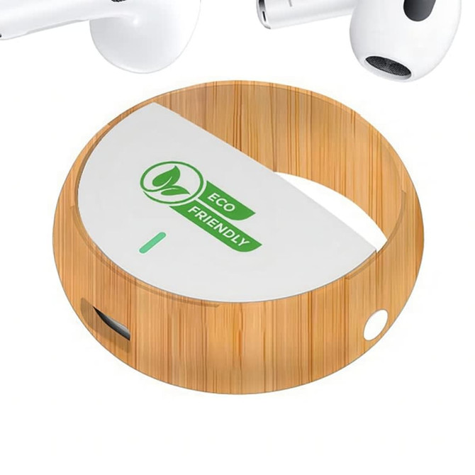 White earbuds with a bamboo charging case, featuring an eco-friendly logo and a sleek design.