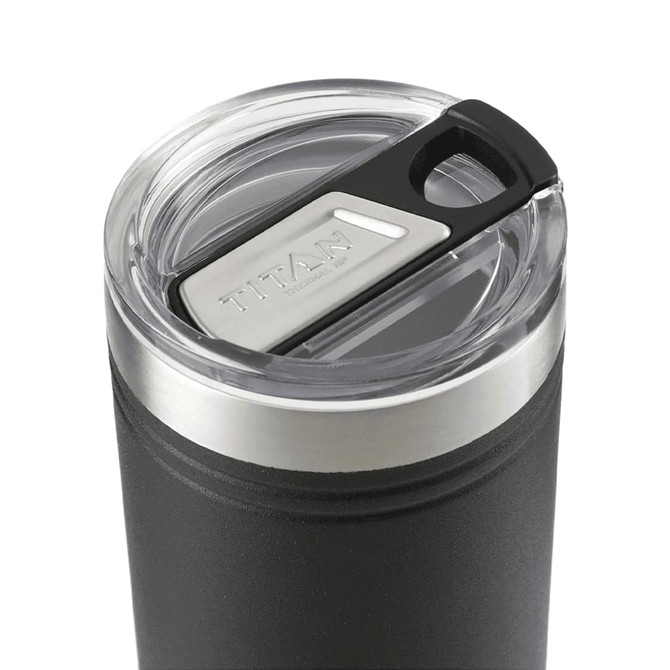 A drink bottle featuring a transparent lid and black body, with a silver band and a logo on the surface.