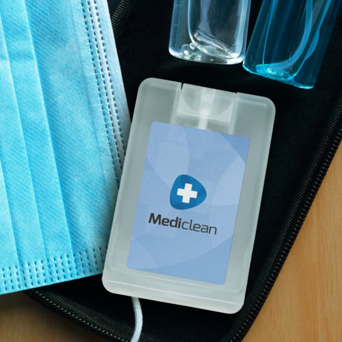 A hand sanitiser card in a translucent casing, accompanied by a blue face mask and two small bottles.