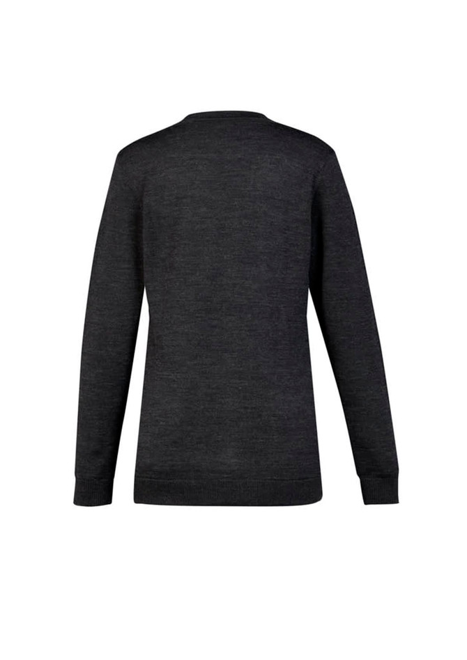 A dark grey women's button front knit cardigan with long sleeves and a rounded neckline. The back view shows a simple design.