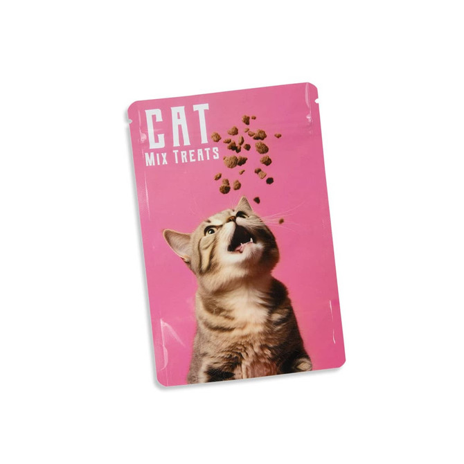 A foil stand-up pouch in pink, featuring a cat and cat treat graphics, with a logo on the front.