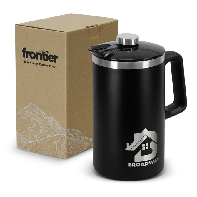A coffee press in matte black with a silver lid, accompanied by a cardboard box featuring a logo.