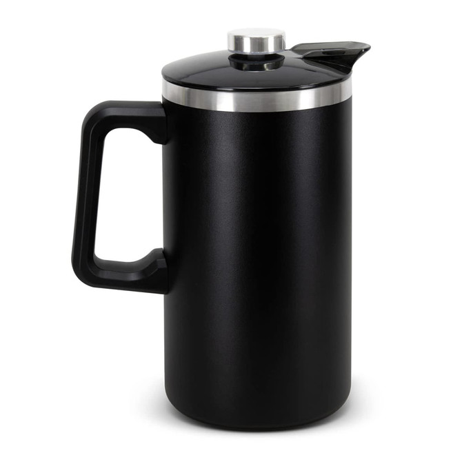 A black coffee press with a stainless steel lid and handle, designed for brewing coffee.