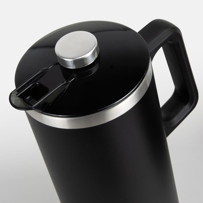 A black coffee press with a stainless steel lid and handle, designed for brewing coffee.