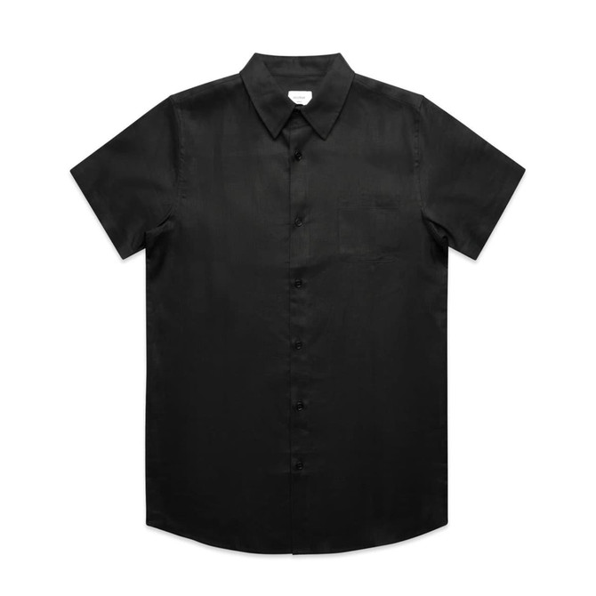 A black button-up shirt with short sleeves and a front pocket, featuring a collar and a logo.