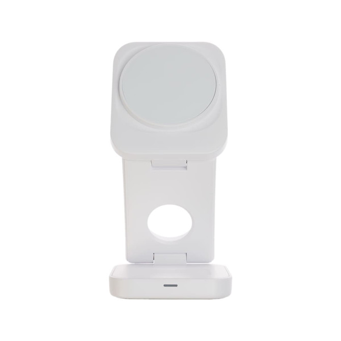 A white 3-in-1 wireless charger featuring a stand and a round charging pad, with a sleek modern design.