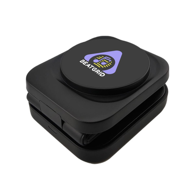 A black 3-in-1 wireless charger with a circular top featuring a logo. Compact and portable design.
