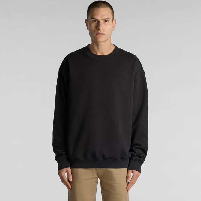 A black jumper with a relaxed fit, featuring long sleeves and a round neckline. It has a branding logo.