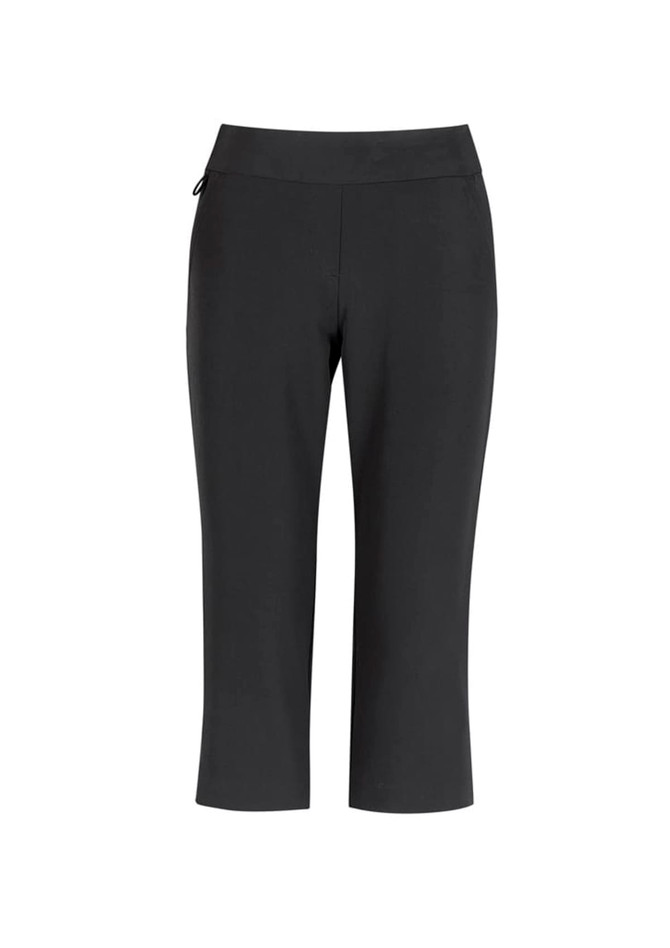 A pair of black 3/4 length stretch pants with a waistband and side pocket, featuring a logo on the waistband.