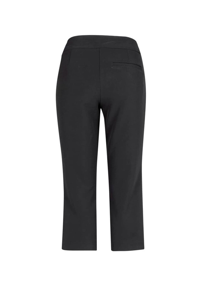 A pair of black 3/4 length stretch pants with a back pocket and a fitted waistband.
