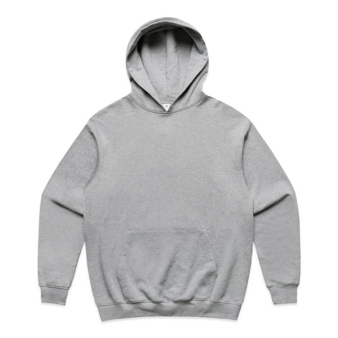 A grey hoodie featuring a kangaroo pocket and a hood, with an unspecified logo.