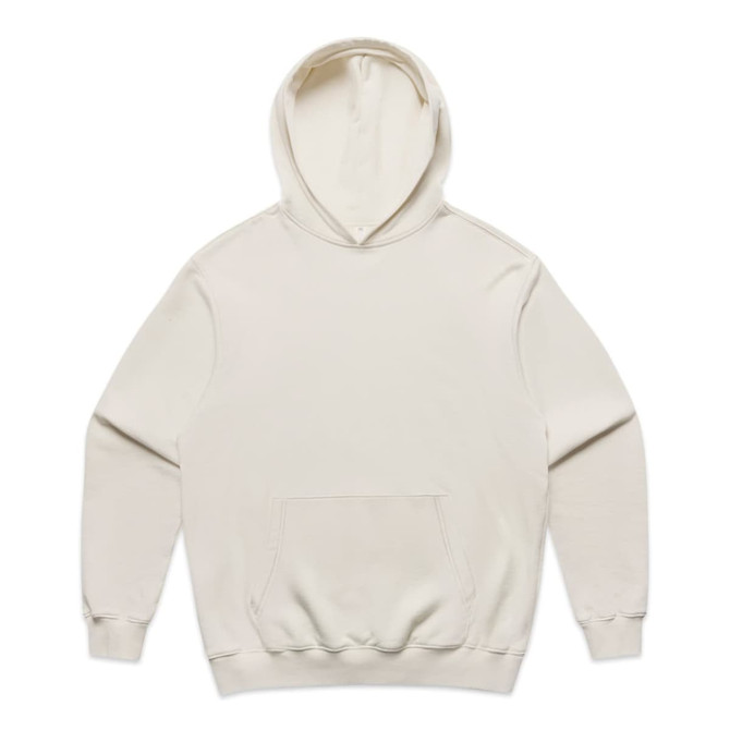 A cream-coloured hoodie with a front pocket and hood, featuring a logo.