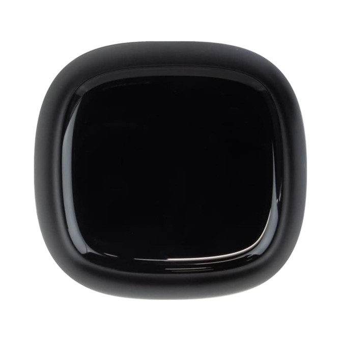A black square charging case for wireless earbuds, featuring a glossy finish and a smooth surface.